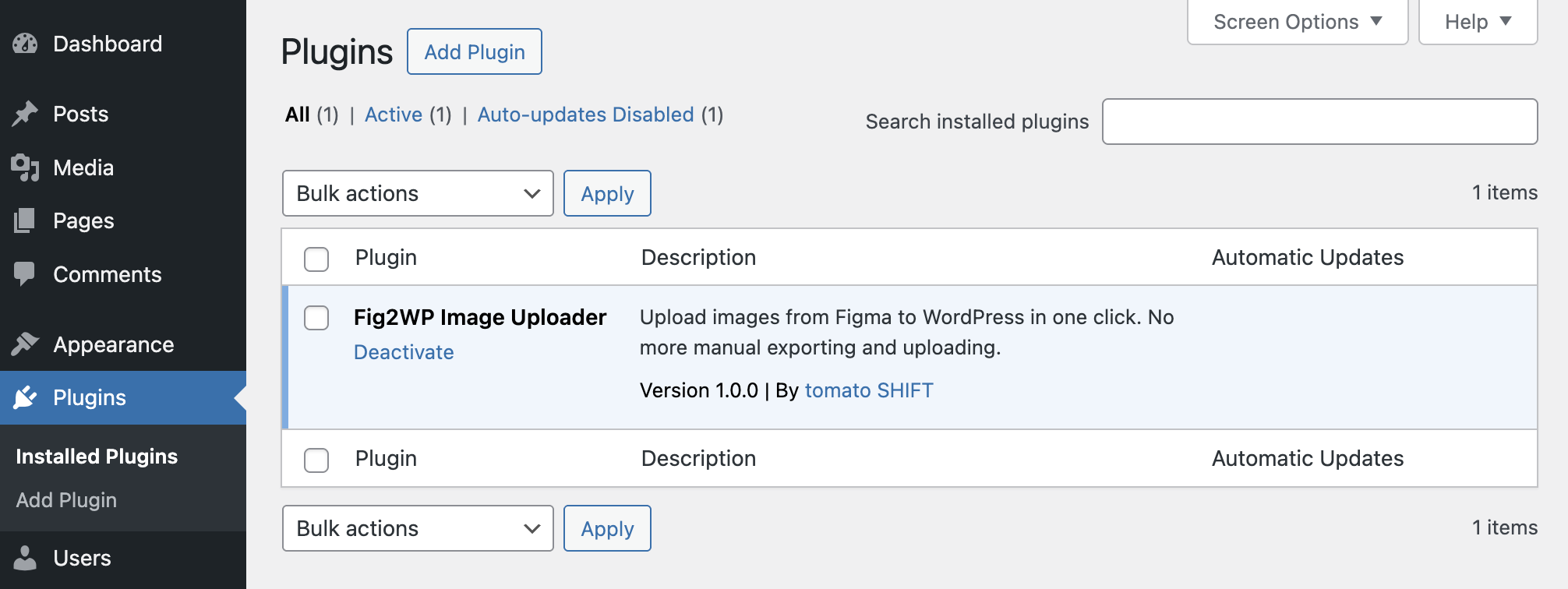 WordPress plugin list showing Fig2WP activated